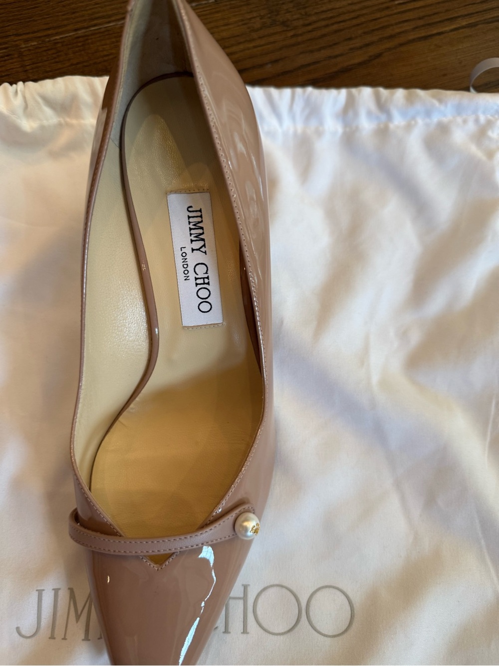 Jimmy Choo Blush Patent Leather Pointed-Toe Pumps with Pearl Strap - Picture 7 of 8